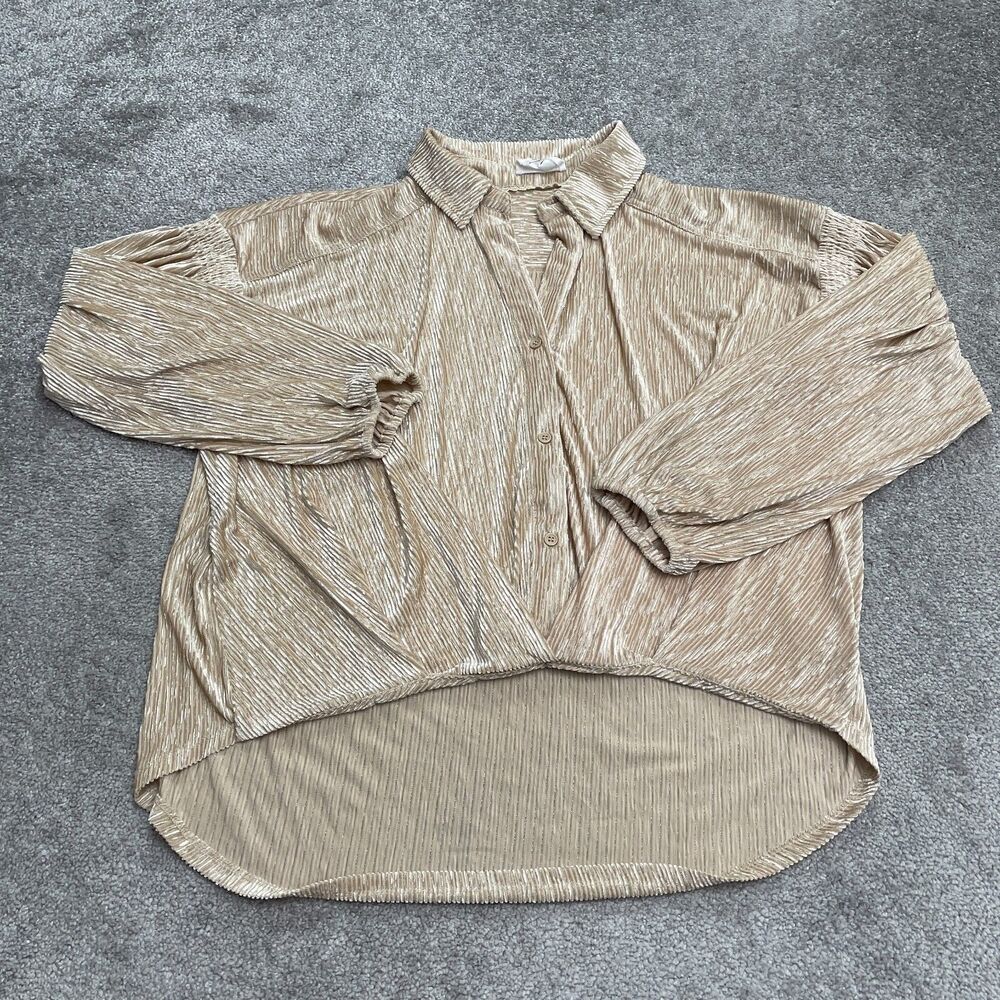 Dee Dee Shiny Metallic Gold Blouse Women Small Long Sleeve Button Up Casual Work